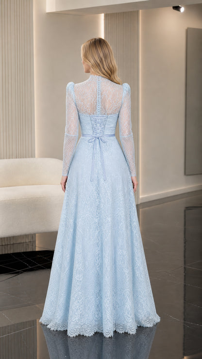 Back view of light blue lace gown showing corset tie lace-up back