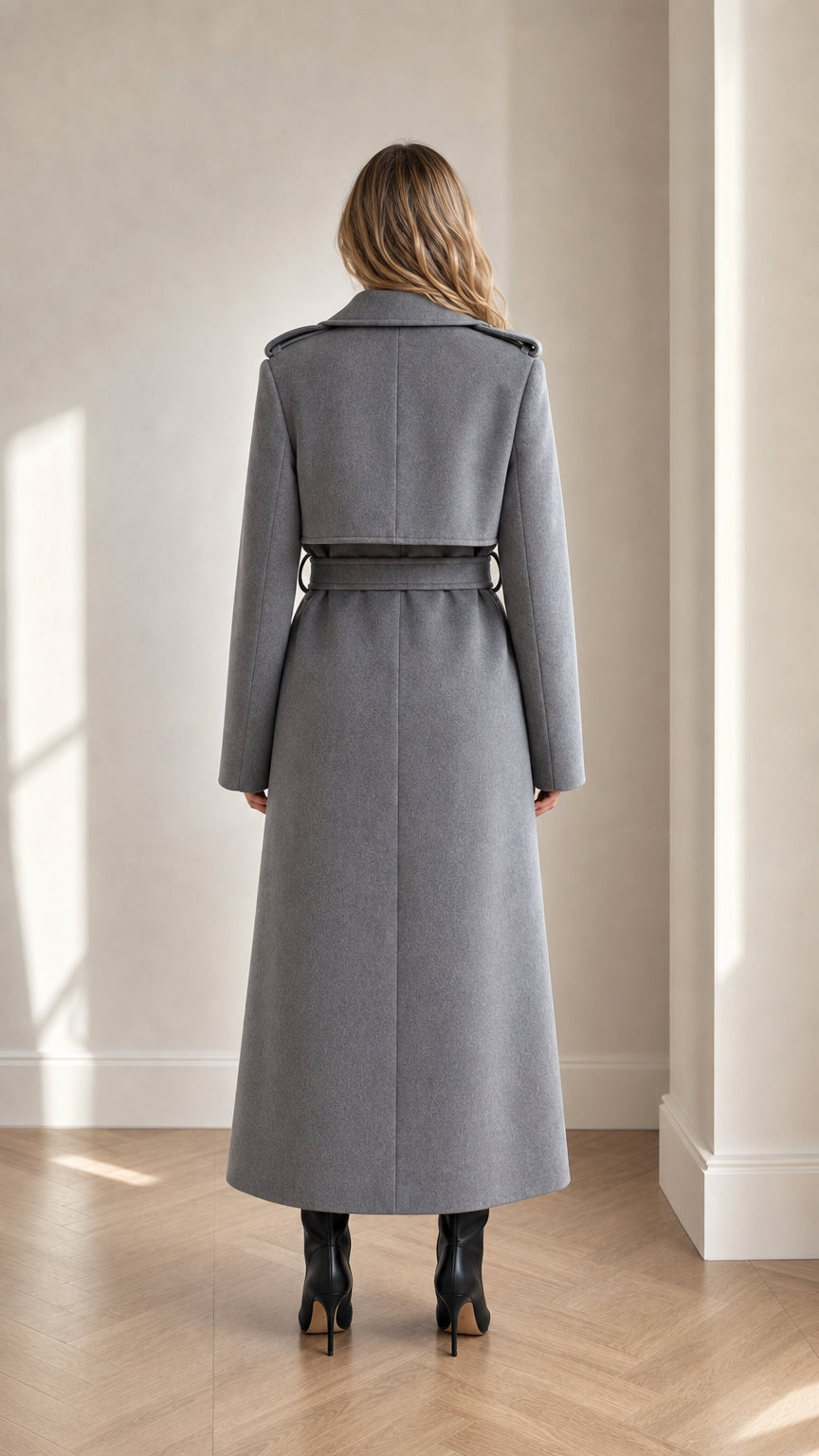 Back view of grey maxi trench coat showing shoulder storm flap and belted waist