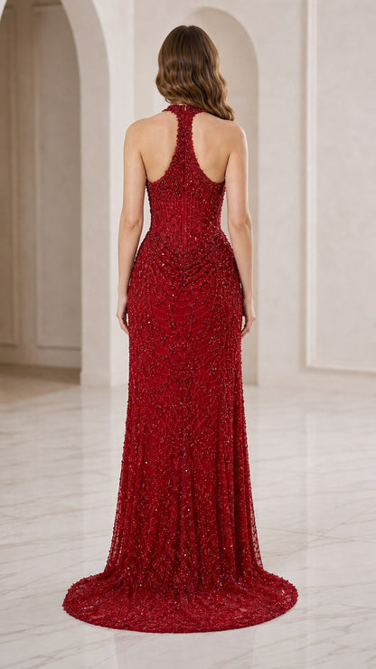 Ruby Red halter neck evening dress back view showing sweep train