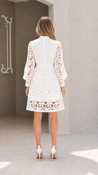 Model wearing white lace long sleeve dress back view