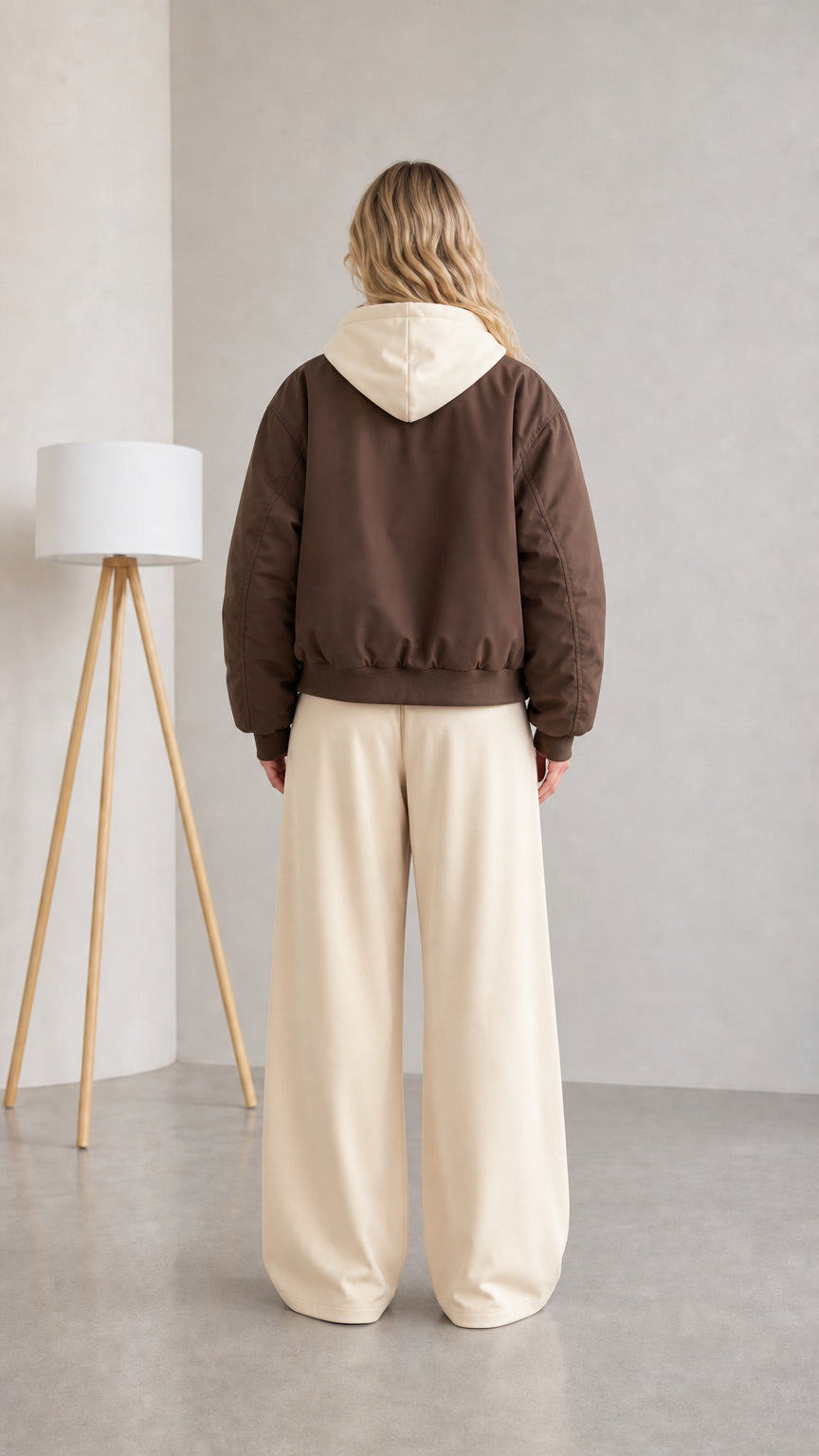 Back view of woman wearing brown hooded varsity bomber jacket