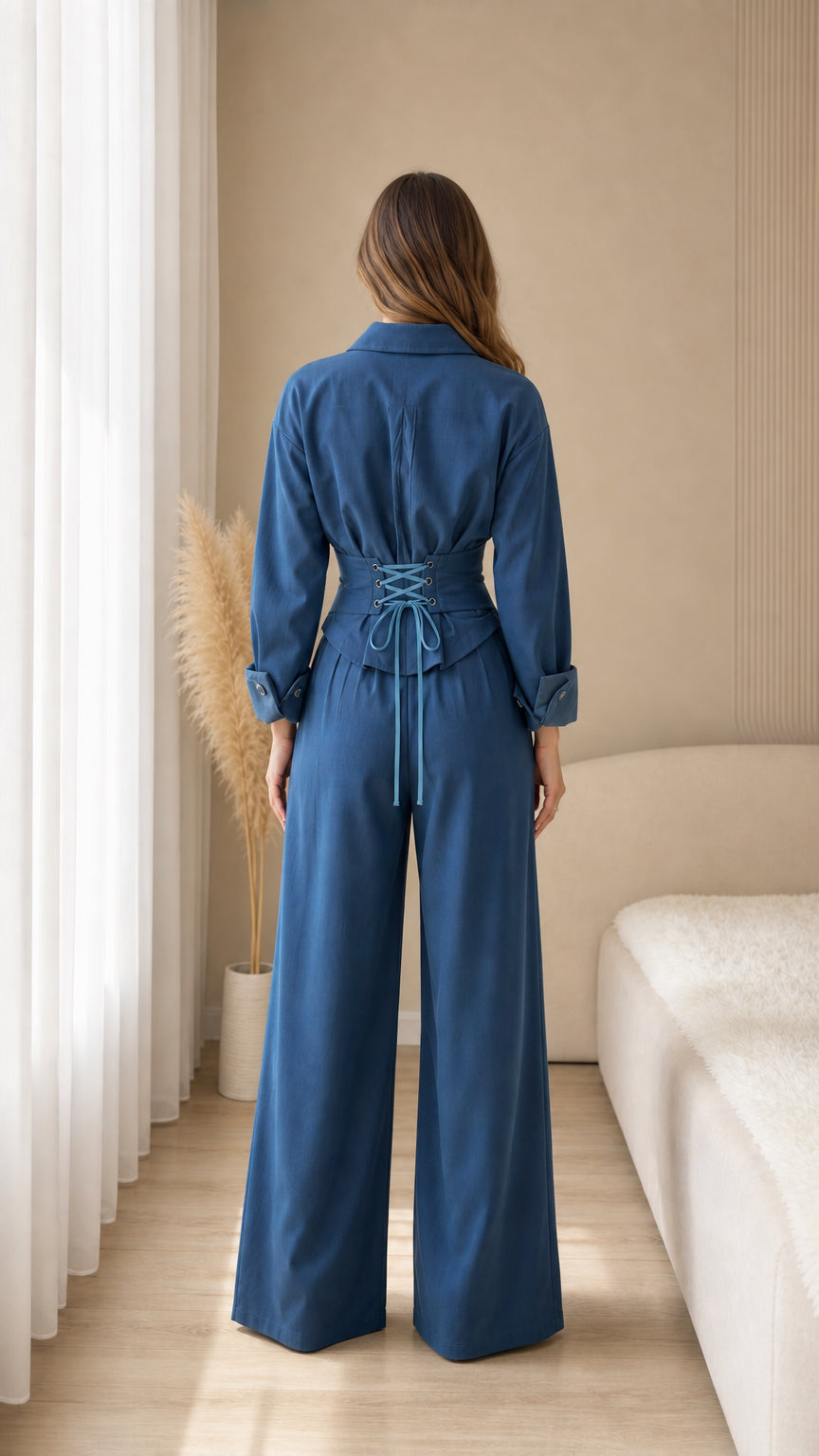 Back view highlighting adjustable lace-up back detail on slate blue shirt set