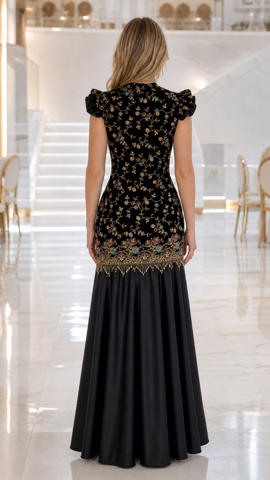 Back view of black embroidered mermaid formal gown with ruffled cap sleeves