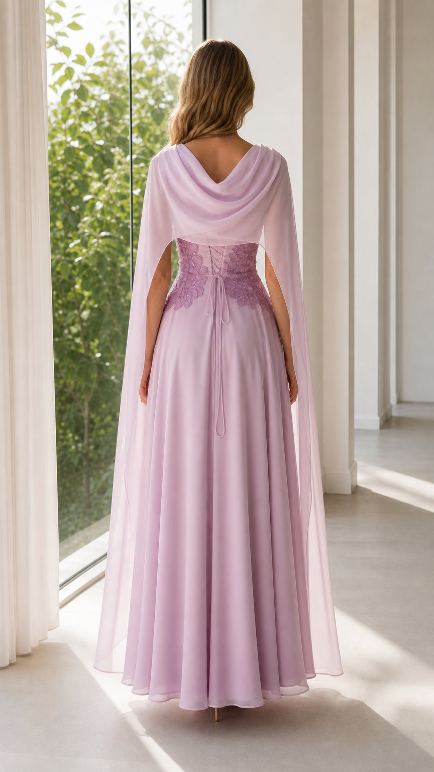 Back view of lilac evening dress showing lace-up corset detail and long cape sleeves