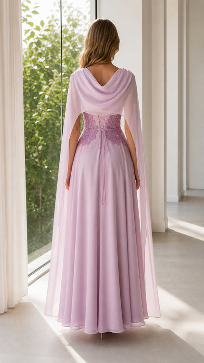Back view of lilac evening dress showing lace-up corset detail and long cape sleeves