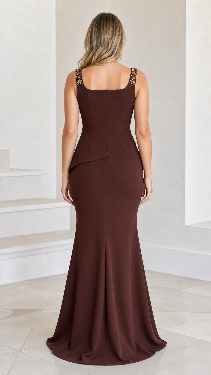 Back view of model wearing Chocolate Brown floor-length mermaid evening dress