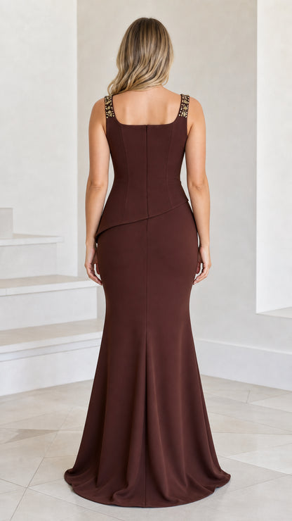 Back view of model wearing Chocolate Brown floor-length mermaid evening dress