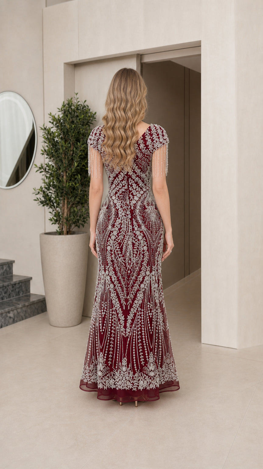 Burgundy sequin evening dress rear view highlighting back design