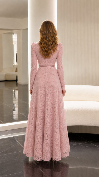 Dusty Pink A-line floor length lace dress back view