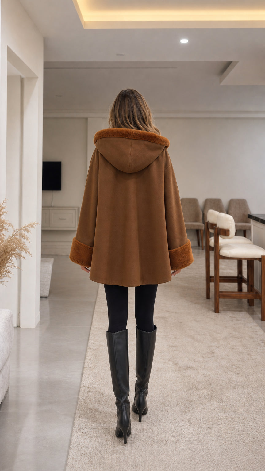 Back view of model wearing camel hooded cape coat showing hood detail