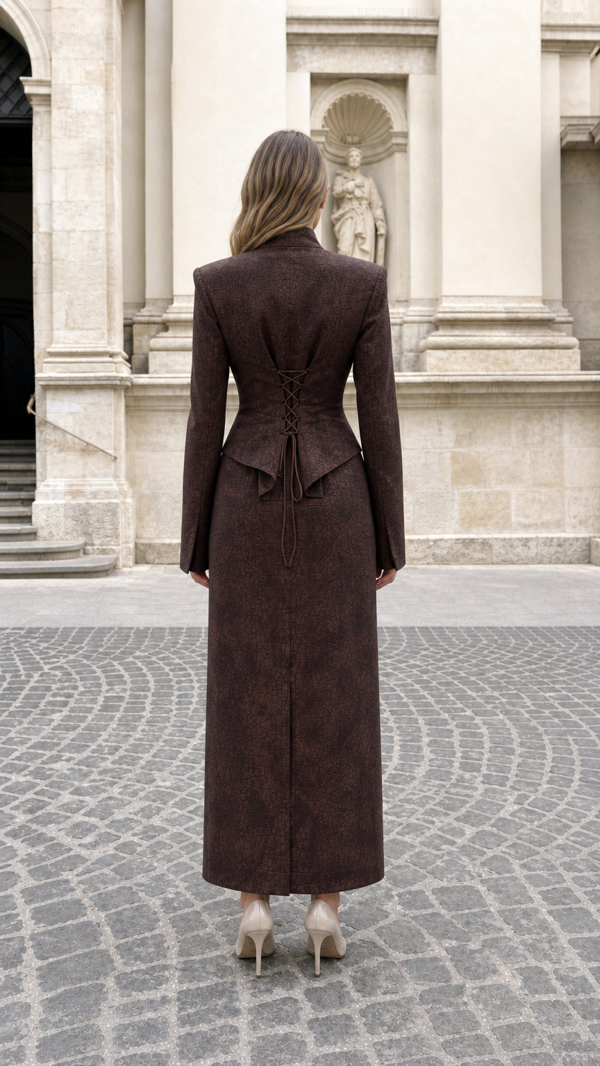 Back view of model wearing Chocolate Brown suit showing adjustable lace-up corset back detail