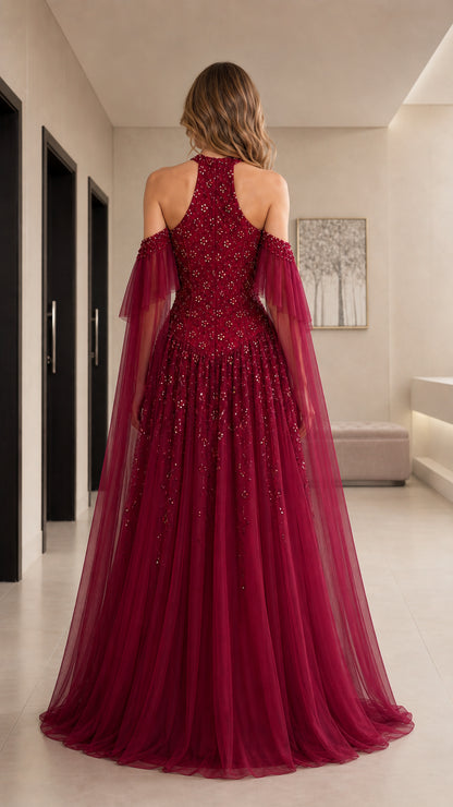 Back view of burgundy halter neck beaded tulle formal evening dress