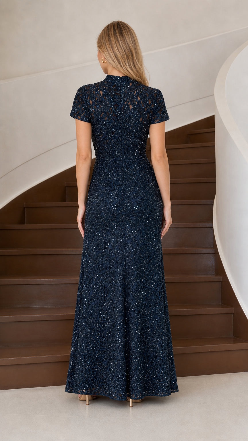 Navy blue short sleeve evening gown back view