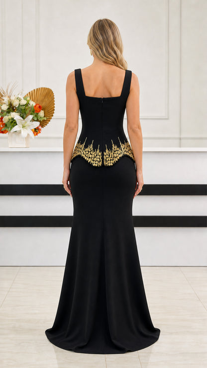 Back view of black square neck formal dress with elegant mermaid skirt