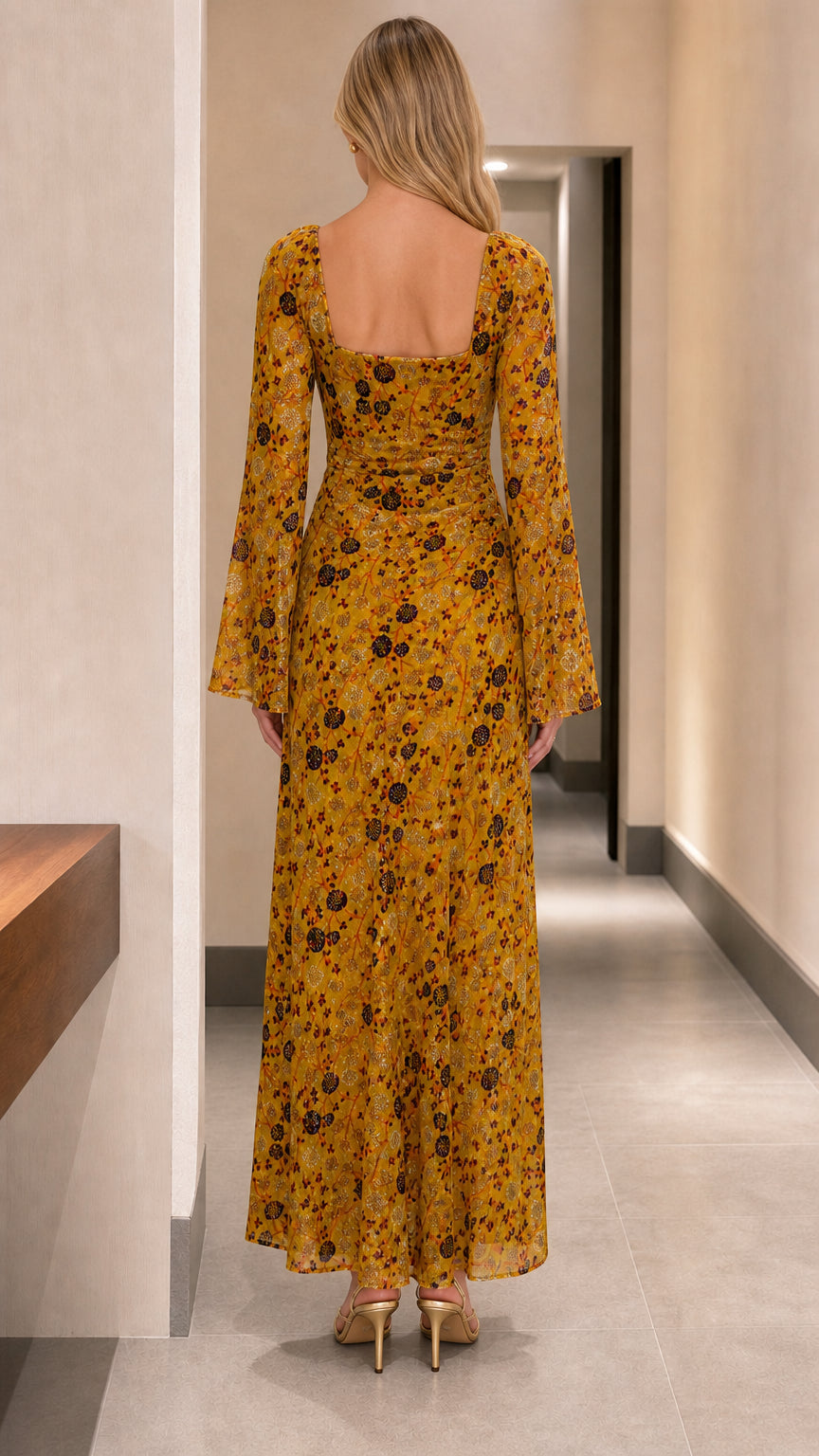 Mustard yellow floral dress back view with square neckline