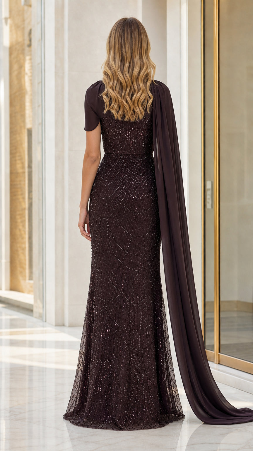Back view of deep espresso embellished maxi dress with sweeping chiffon drape