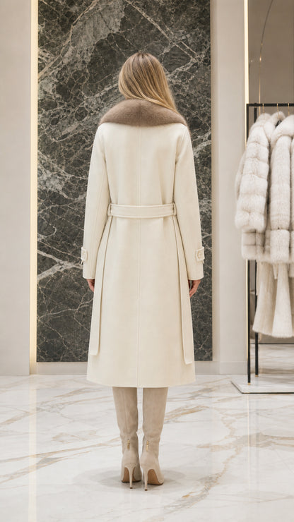 Back view of ivory longline coat showing tailored back seam and tie belt