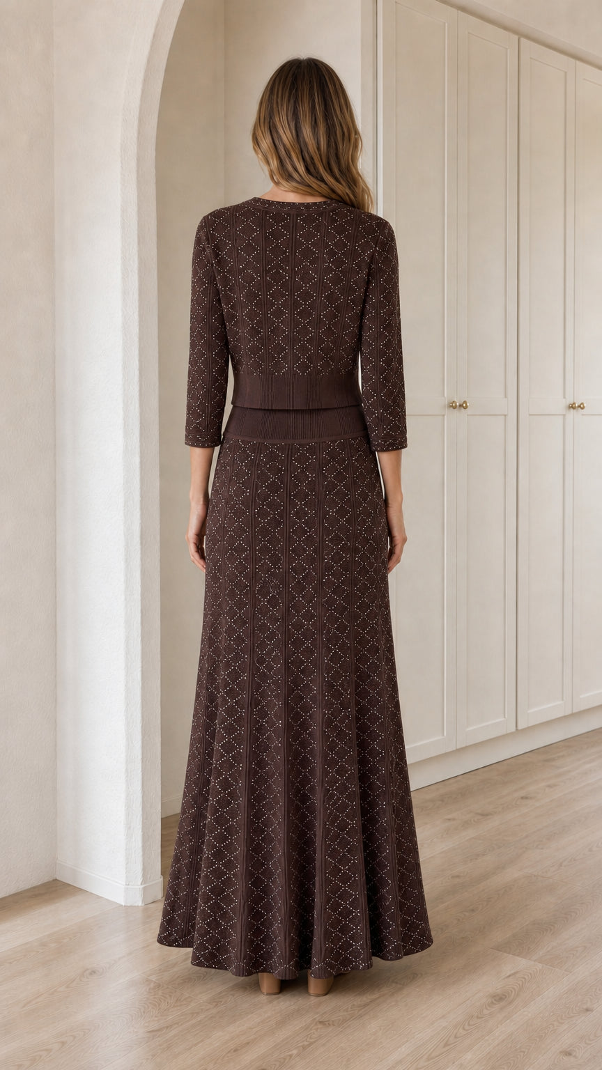 Back view of model wearing Chocolate Brown knit two-piece outfit