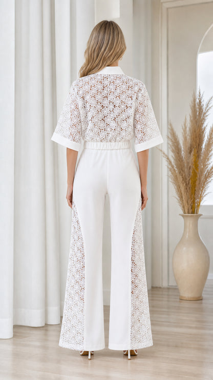 Back view of model wearing white lace back wide-leg jumpsuit