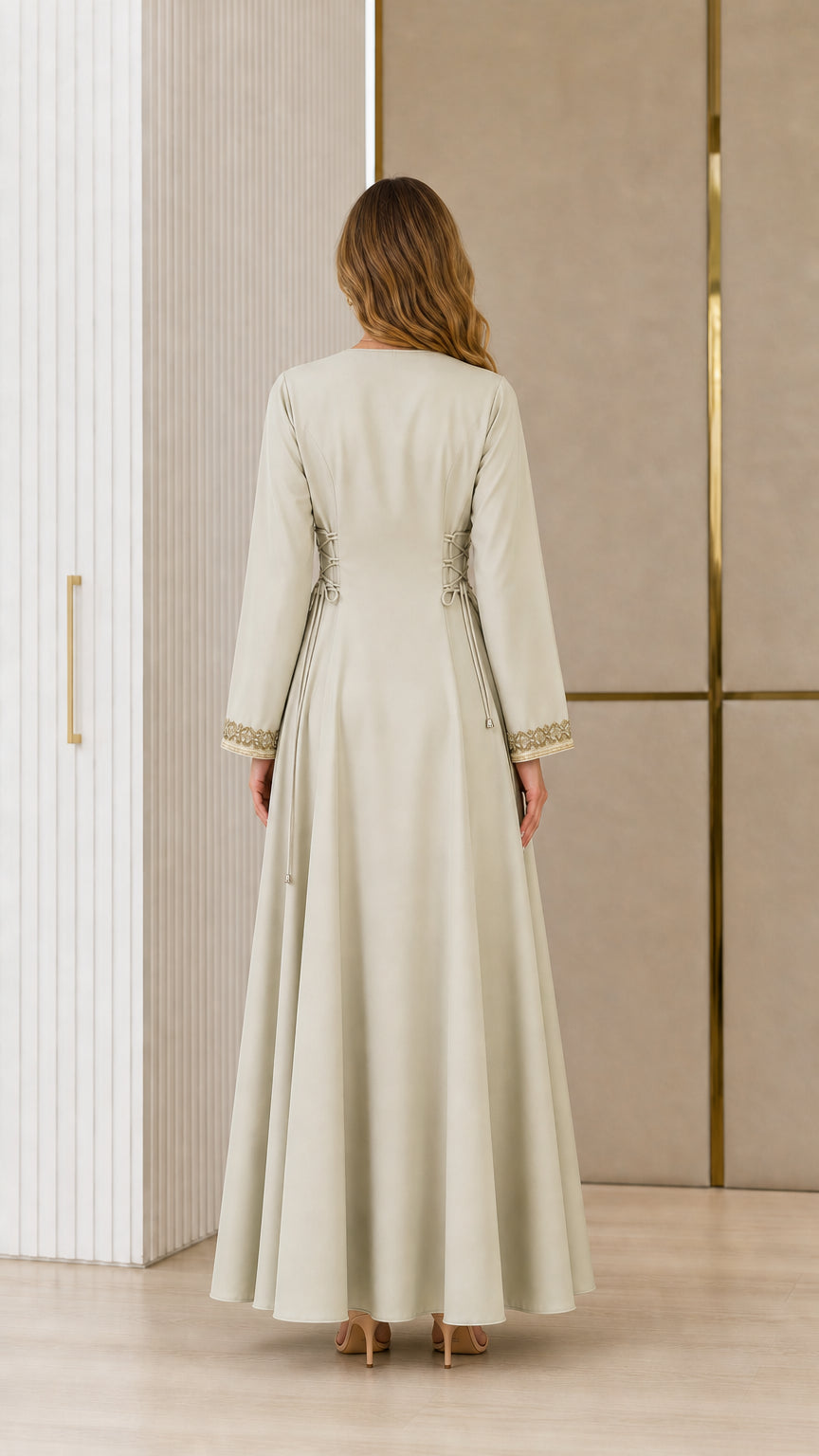 Back view of full-length sage green modest kaftan dress