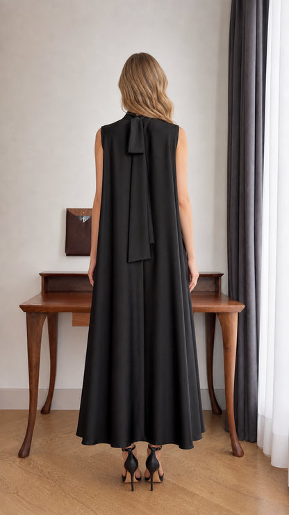 Back view of model in Black maxi dress showing tie collar detail