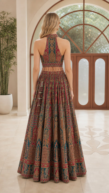 Back view of model showing halter cut bodice and flowing pleated skirt