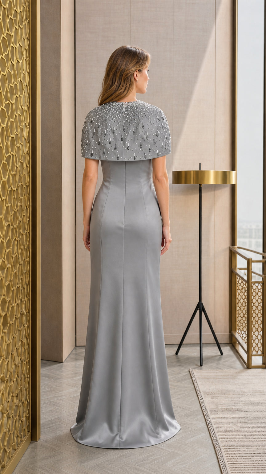 Back view of Silver Gray floor-length evening gown showing smooth satin finish