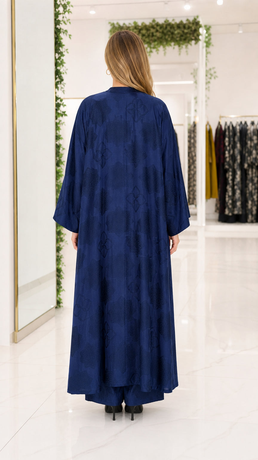 Back view of navy blue maxi abaya showing drape and length