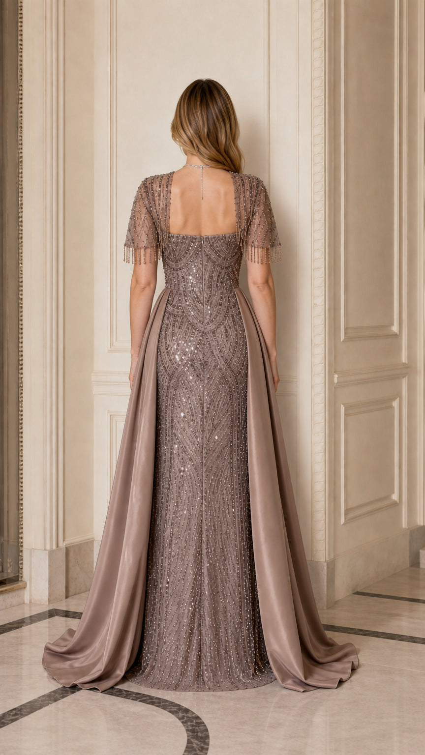 Taupe floor-length sequin gown with back satin overskirt view