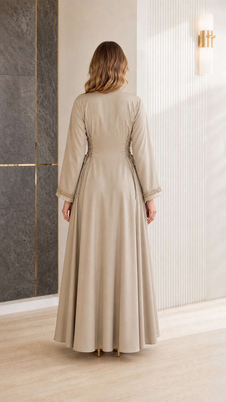 Beige modest evening maxi dress back view showing flowing drape
