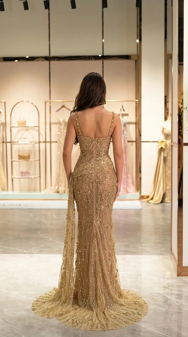 Back view of gold floor-length embellished evening gown with sweep train