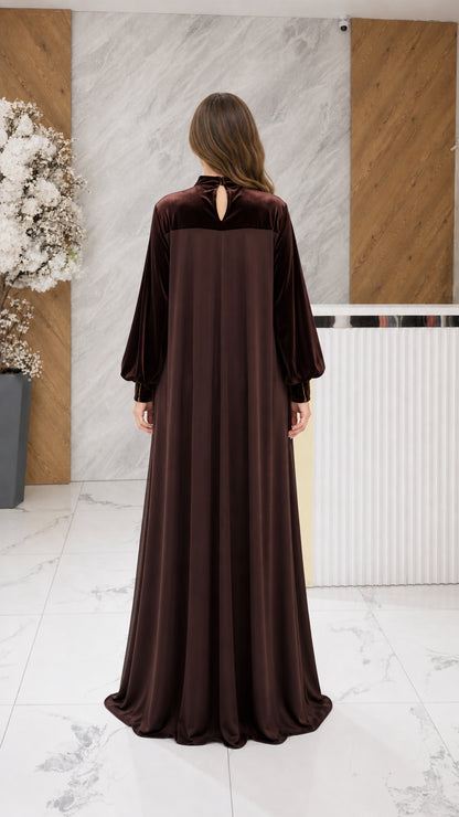 Chocolate brown velvet maxi abaya dress back view