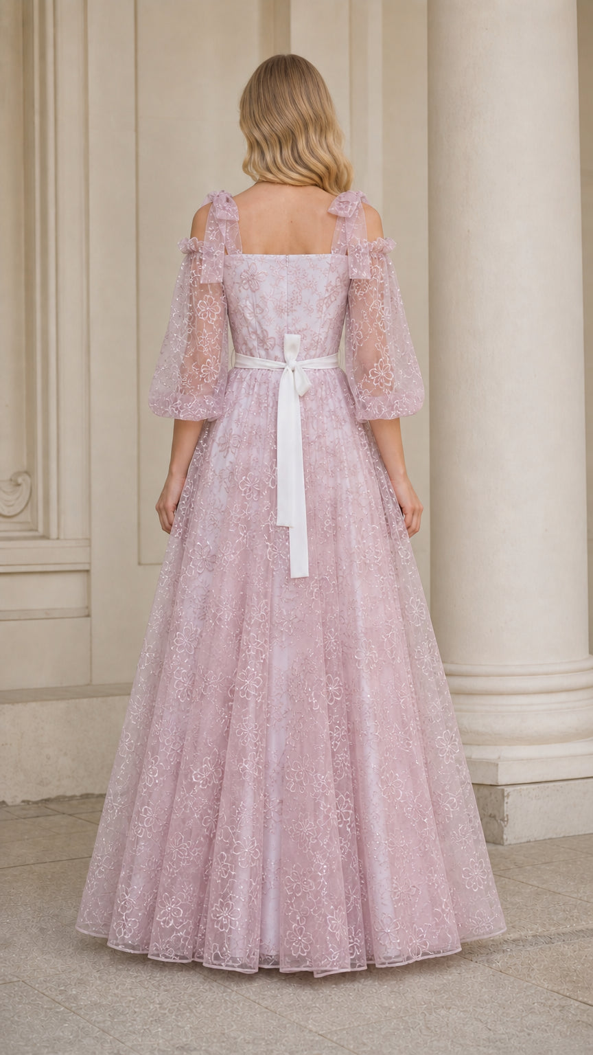 Back view of dusty pink cold shoulder lace formal maxi dress with ribbon tie sash
