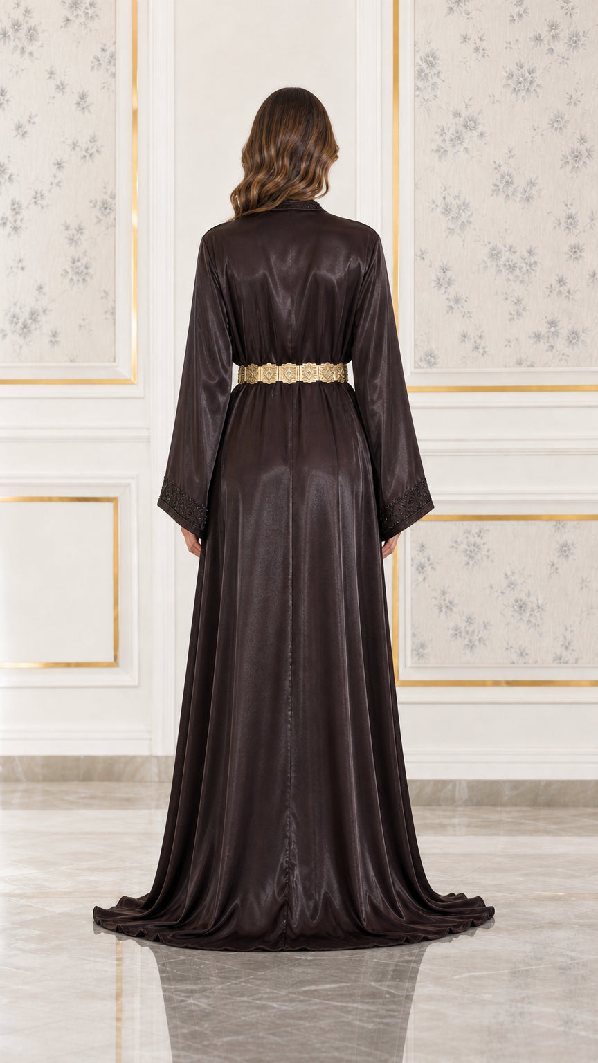 Back view of floor-length dark brown satin formal dress with metallic belt