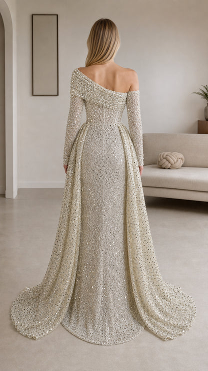 Champagne sequin evening dress back view with sweeping train