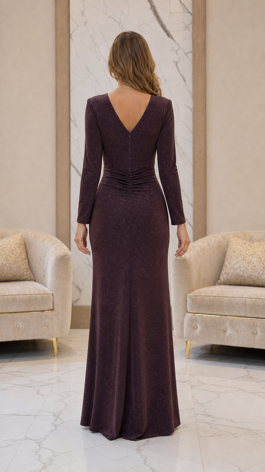 Back view of deep plum long sleeve shimmer formal dress featuring subtle V-back neckline
