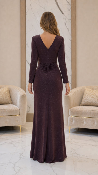 Back view of deep plum long sleeve shimmer formal dress featuring subtle V-back neckline