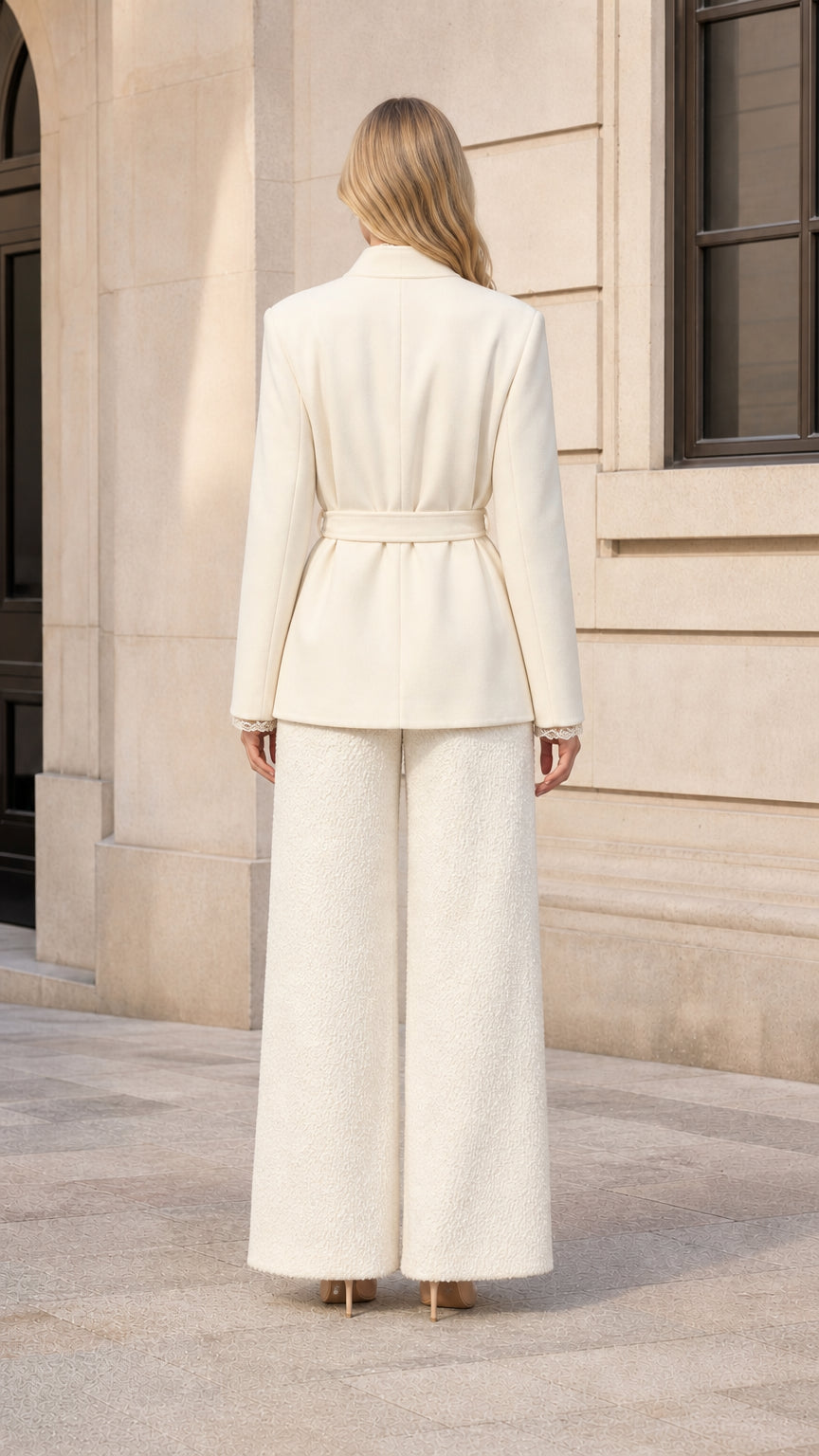 Back view of model in cream belted blazer highlighting clean fit and waist tie