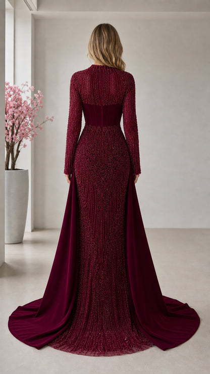 Rear view of burgundy embellished evening dress highlighting back train drape