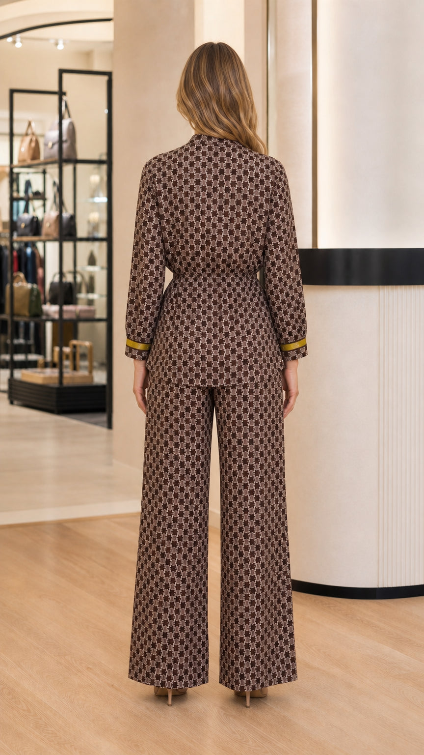 Back view of model wearing Coffee Brown geometric print matching trousers set