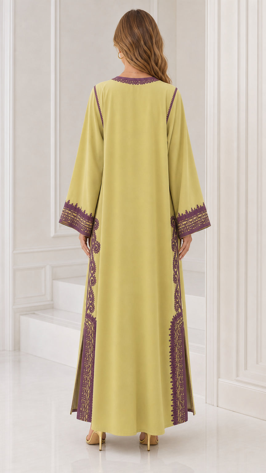 Back full view of lime green long sleeve modest kaftan maxi dress