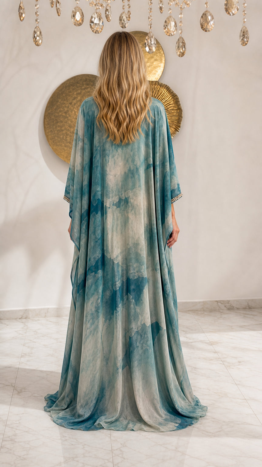 Teal Blue floor-length batwing kaftan dress back view