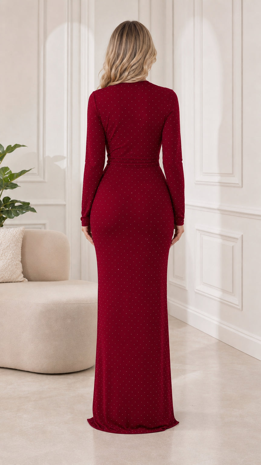 Back view of Burgundy long sleeve maxi dress showing fitted silhouette