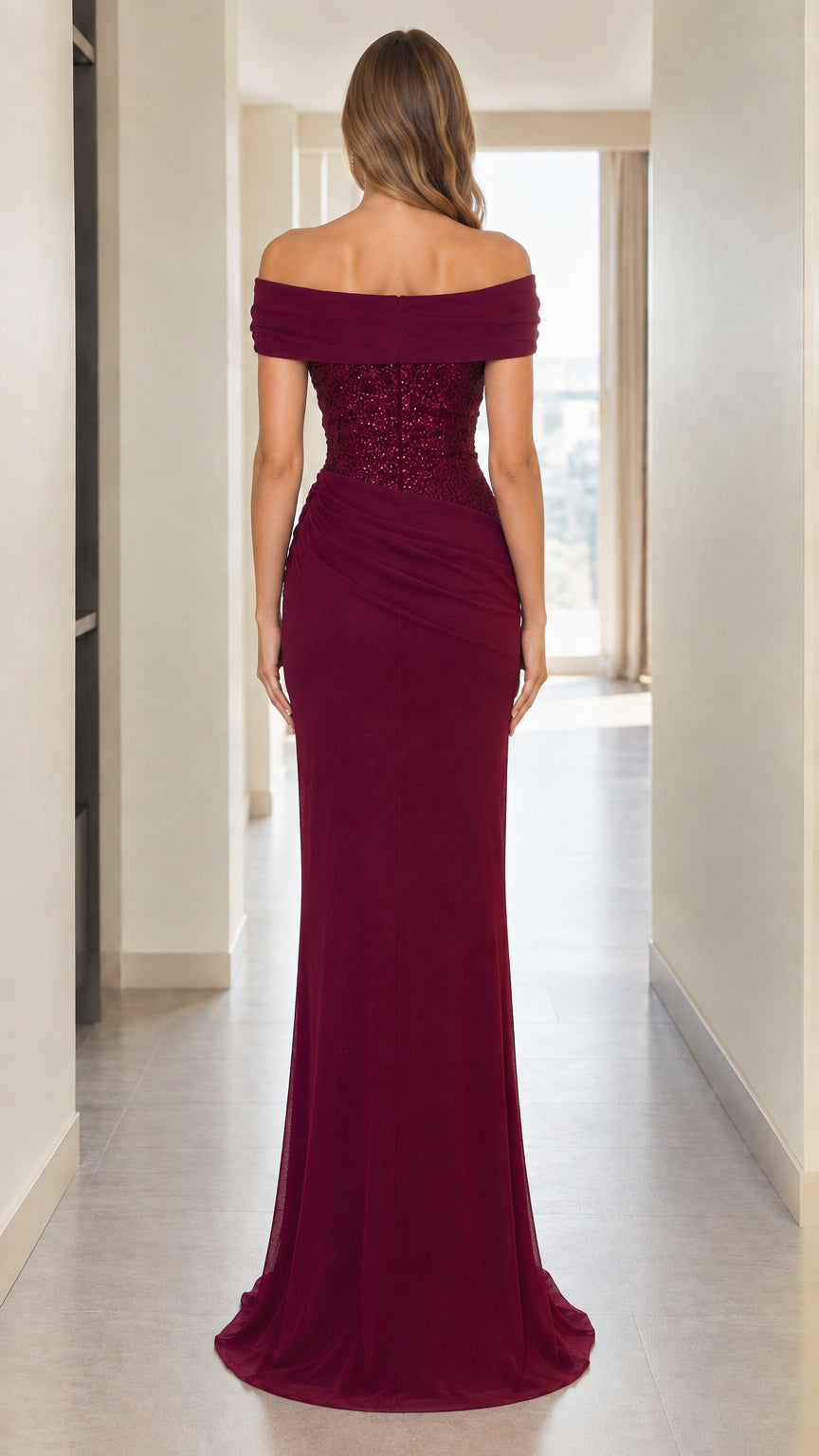 Back view of woman wearing burgundy off-the-shoulder formal maxi dress