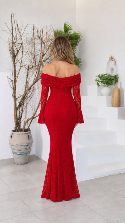 Back view of model wearing red lace off-the-shoulder long formal dress