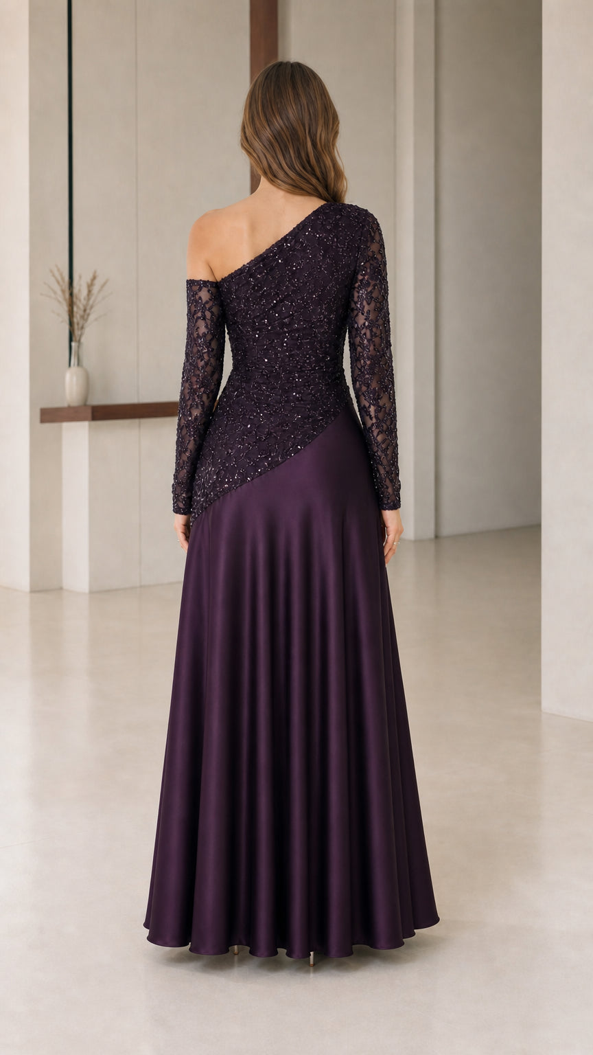 Plum asymmetric formal dress back view