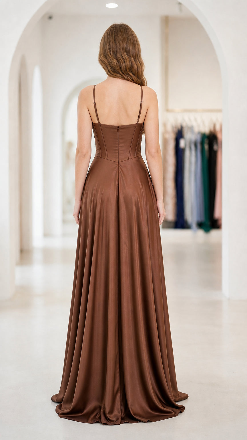 Back view of chocolate brown satin formal maxi dress with corset back detailing