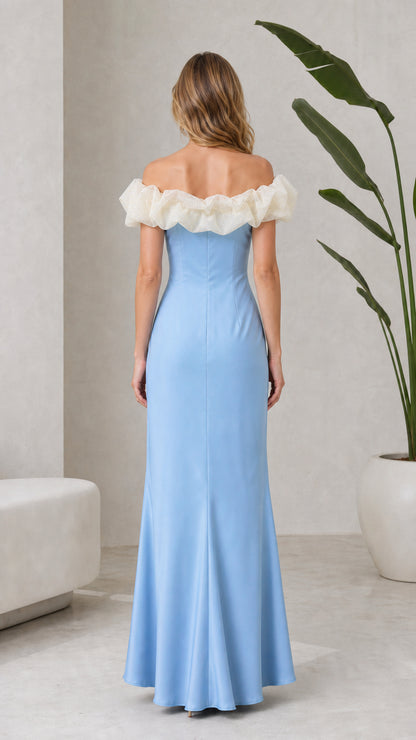Back view of Light Blue maxi gown with fitted silhouette