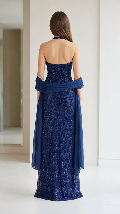 Back view of Navy Blue halter maxi dress showing open back and draped shawl