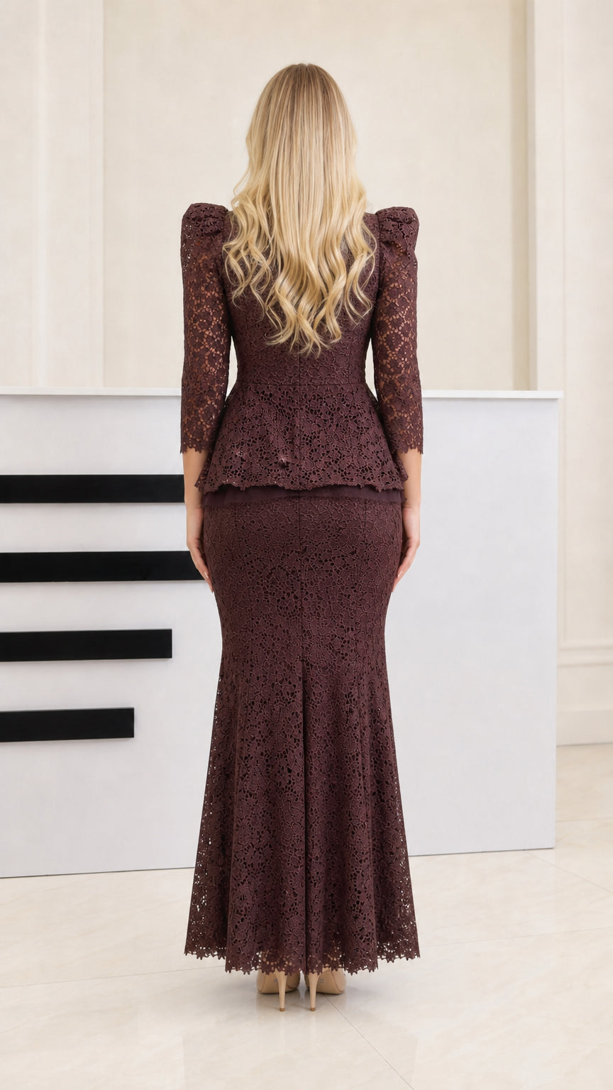 Back view of woman wearing Espresso Brown floor-length lace peplum dress